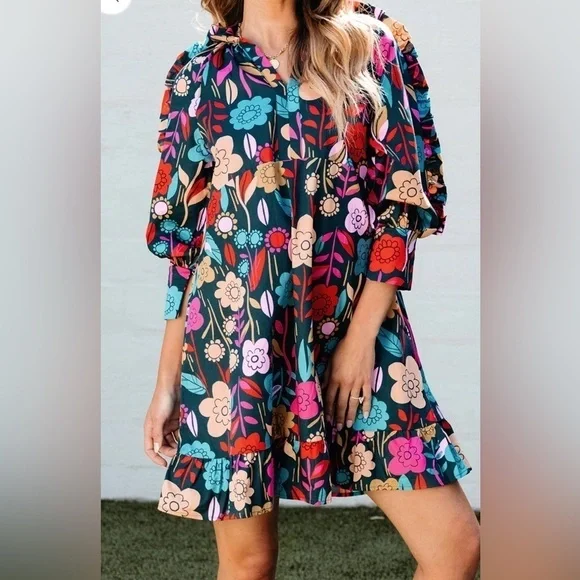 NWT! Green Floral Print Puff Sleeve Ruffled Mini Dress boho retro layered SZ S - Picture 6 of 15